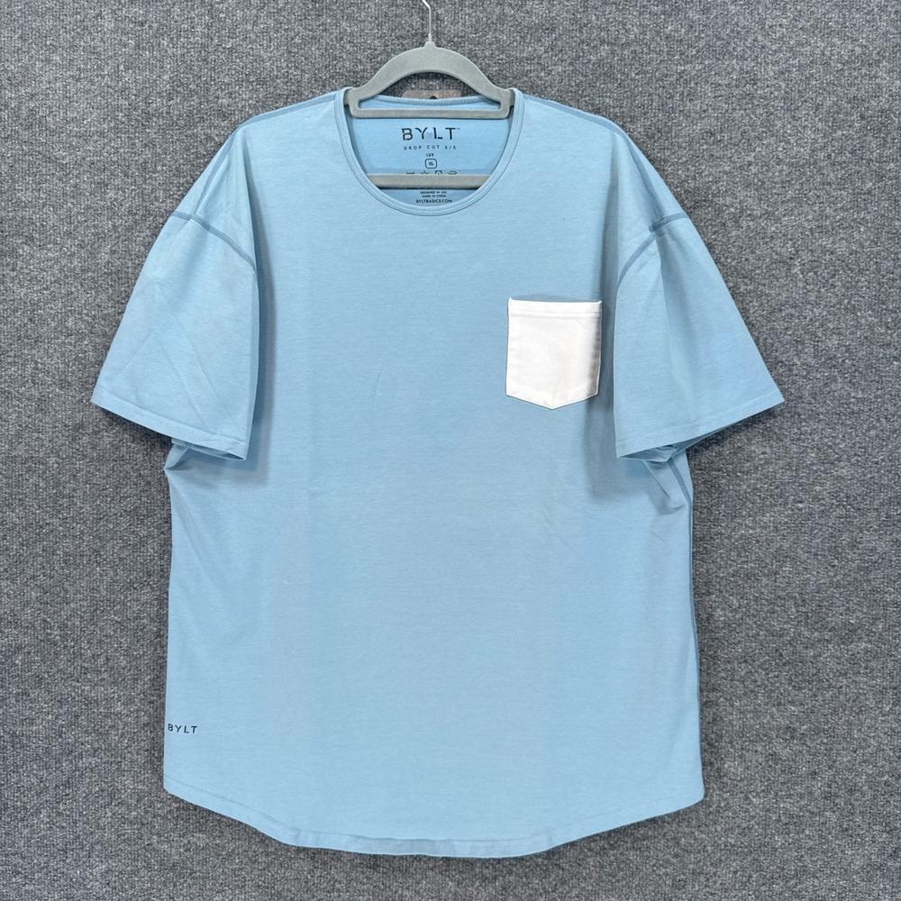 BYLT Drop Cut Tshirt Mens XL Blue Contrast Pocket Short Sleeve Tee Curved Hem